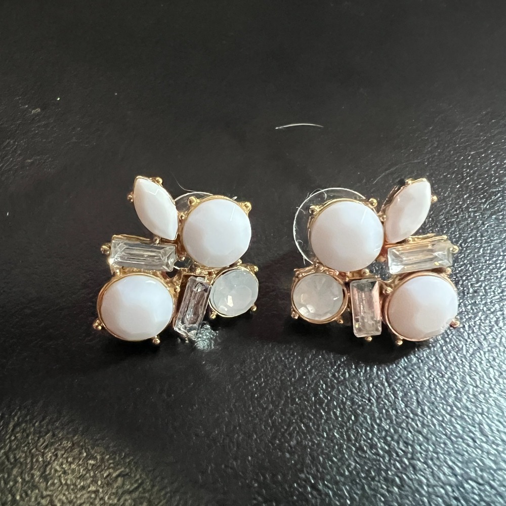 Gold Tone White Cluster Statement Post Earrings Clear Baguette Stones - Picture 3 of 7